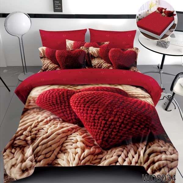 Lenjerie de Pat 4 Piese 5D cu Cearșaf cu Elastic, Model Inimi Tricotate, Roșu Romantic – Pat Dublu, LFL-098
