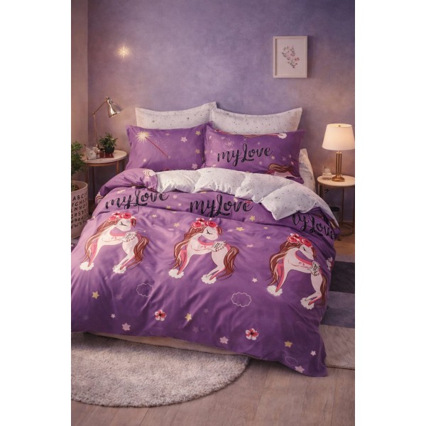 Lenjerie de Pat Dublu 4 Piese din Bumbac Satinat Superior – Model Unicorn Mov, LDBS-148