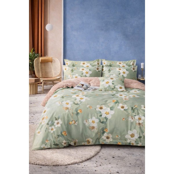 Lenjerie de Pat Dublu 4 Piese din Bumbac Satinat Superior – Model Verde cu Flori Albe, LDBS-199