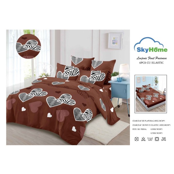 Lenjerie Pat Dublu Finet 4 Piese cu Elastic – Model Inimi Maro cu Zebra, LDE-221