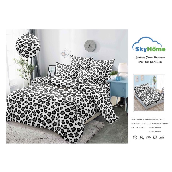 Lenjerie Pat Dublu Finet 4 Piese cu Elastic – Model Animal Print Alb-Negru, LDE-151
