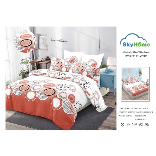 Lenjerie Pat Dublu Finet 4 Piese cu Elastic – Model Cercuri Abstracte Coral, LDE-150