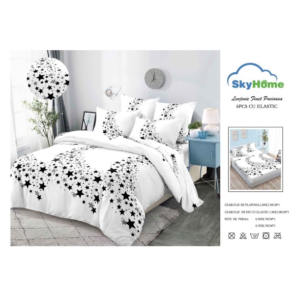 Lenjerie Pat Dublu Finet 4 Piese cu Elastic – Model Stele Alb-Negru, LDE-149