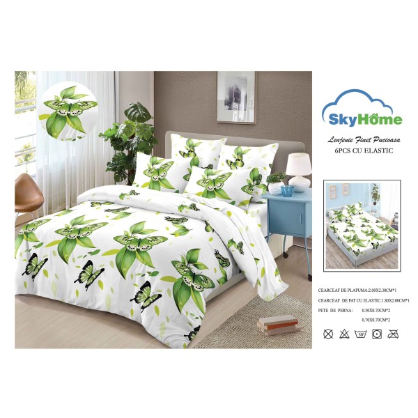 Lenjerie Pat Dublu Finet 4 Piese cu Elastic – Model Fluturi Verzi cu Frunze, LDE-148