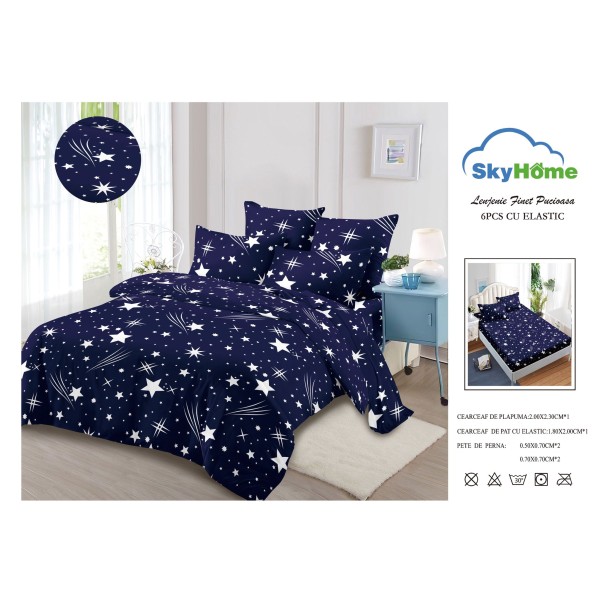 Lenjerie Pat Dublu Finet 4 Piese cu Elastic – Model Stelute Alb pe Bleumarin, LDE-147