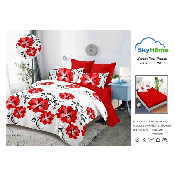 Lenjerie Pat Dublu Finet 4 Piese cu Elastic – Model Flori Roșii pe Fundal Alb, LDE-146