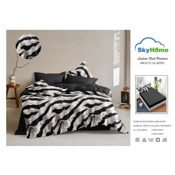 Lenjerie Pat Dublu Finet 4 Piese cu Elastic – Model Zebra Alb-Negru Modern, LDE-142
