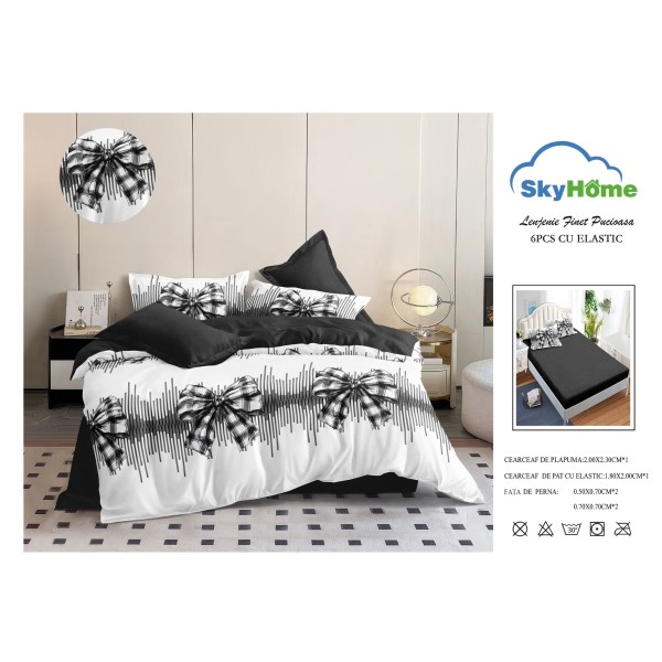 Lenjerie Pat Dublu Finet 4 Piese cu Elastic – Model Fundițe Alb Negru, LDE-141