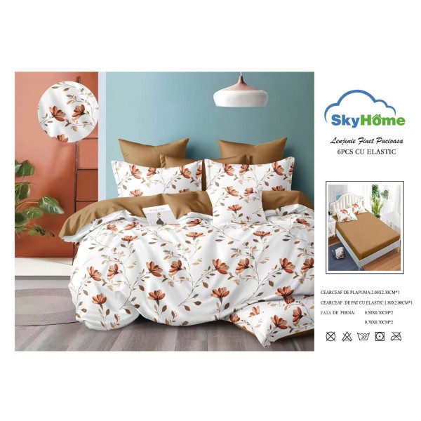 Lenjerie Pat Dublu Finet 4 Piese cu Elastic – Model Floral Maro-Cărămiziu pe Alb, LDE-137