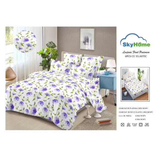 Lenjerie Pat Dublu Finet 4 Piese cu Elastic – Model Flori Mov, LDE-134