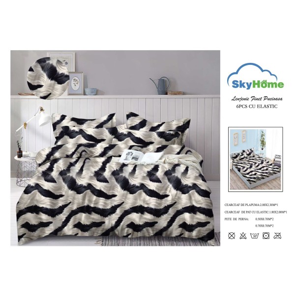 Lenjerie Pat Dublu Finet 4 Piese cu Elastic – Model Abstract Alb-Negru, LDE-130