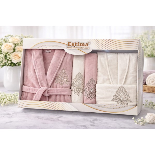 Set 6 Piese 2 Halate + 4 Prosoape, Roz Pudrat și Crem, Model Brodat Elegant, HBC-008