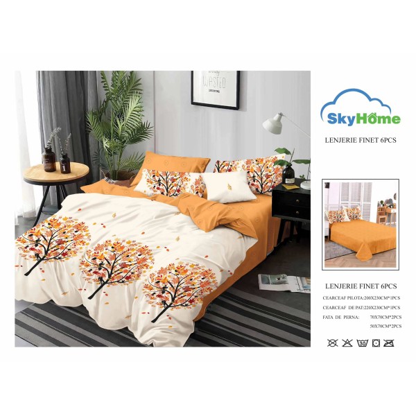 Lenjerie Pat Dublu Finet 6 Piese Crem și Portocaliu – Model Copac Decorativ de Toamnă, PP-PH-041