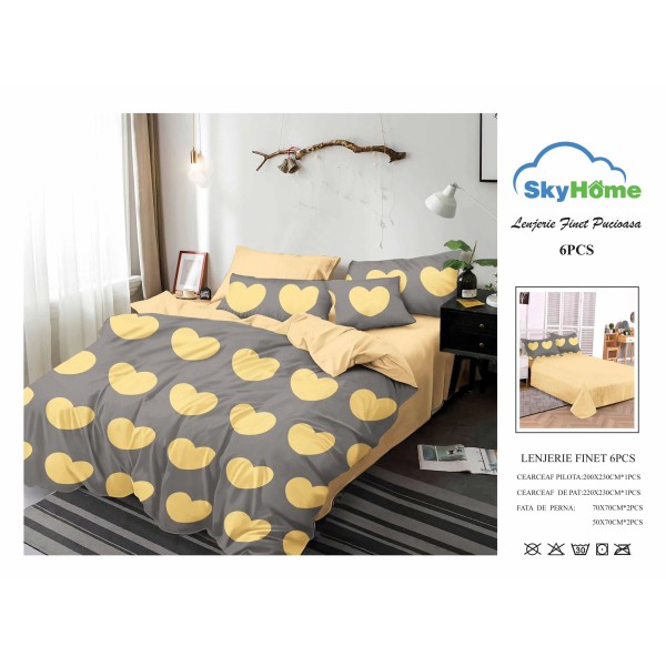 Lenjerie Pat Dublu Finet 6 Piese Gri și Galben – Model Inimioare Mari Moderne, CP-PH-070