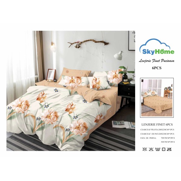 Lenjerie Pat Dublu Finet 6 Piese Crem și Bej – Model Floral Elegant cu Flori Mari, PH-034