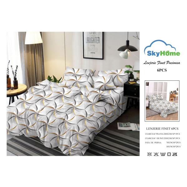 Lenjerie Pat Dublu Finet 6 Piese Alb Gri cu Accente Aurii – Model Geometric Modern, PH-045