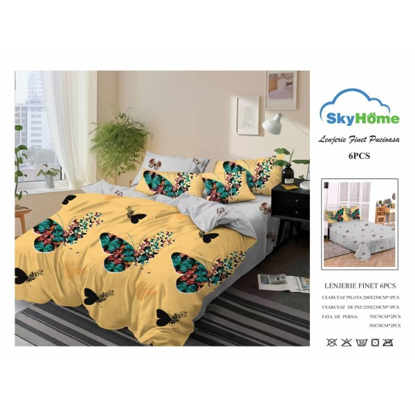 Lenjerie Pat Dublu Finet 6 Piese Galben Muștar – Model Fluturi Multicolori și Inimi Negre, PH-047