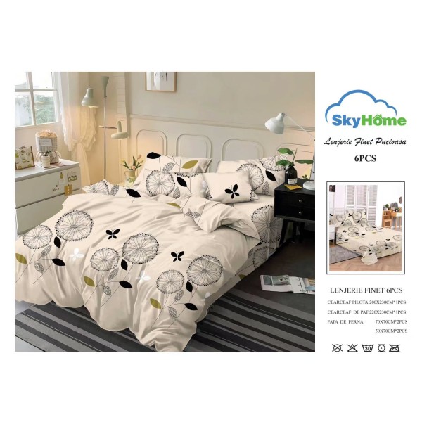 Lenjerie Pat Dublu Finet 6 Piese Bej Crem – Model Floral Modern cu Păpădii și Frunze Negre, PAP-PH-057