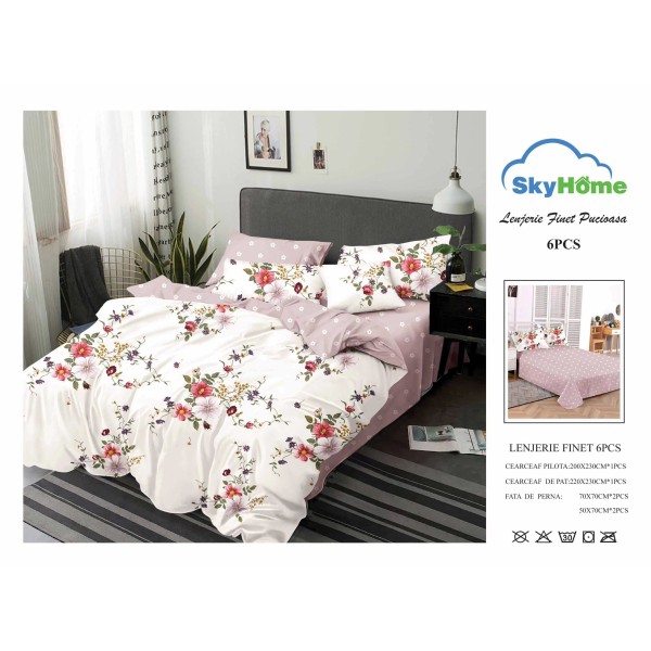 Lenjerie Pat Dublu Finet 6 Piese Alb cu Flori Roz și Mov – Model Floral Romantic, CP-PH-068