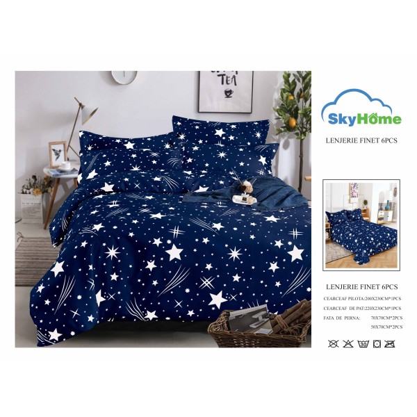 Lenjerie Pat Dublu Finet 6 Piese Bleumarin cu Stele Albe – Model Noapte Înstelată, PH-051