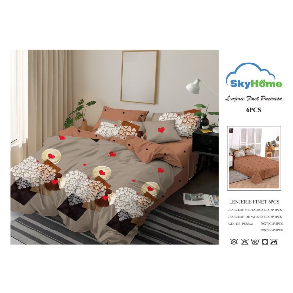 Lenjerie Pat Dublu Finet 6 Piese Bej-Maro cu Inimi – Model Romantic Modern, CP-PH-074