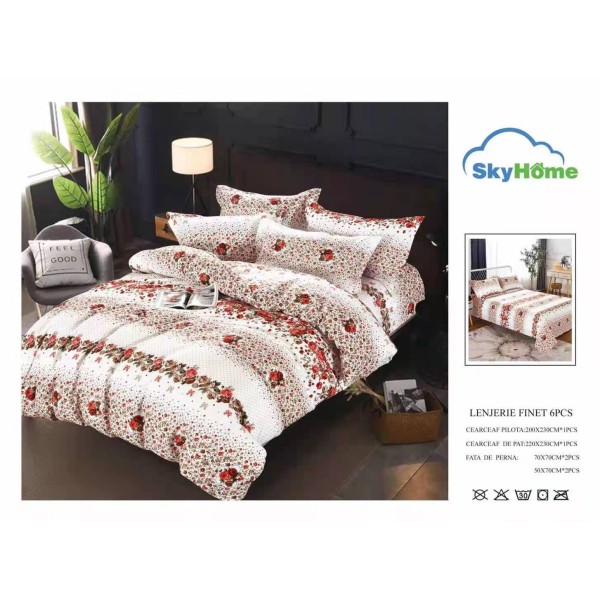 Lenjerie Pat Dublu Finet 6 Piese Alb cu Flori Roșii – Model Floral Romantic, PH-037