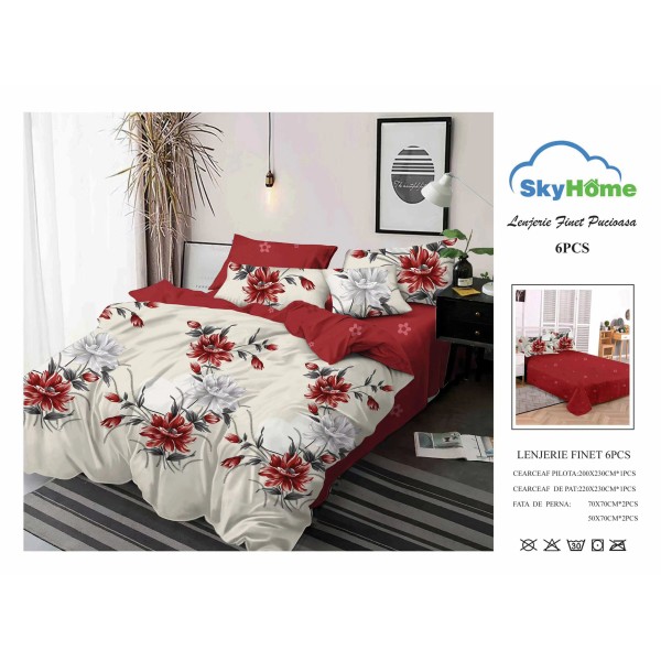 Lenjerie Pat Dublu Finet 6 Piese Roșu și Crem – Model Floral Elegant cu Flori Roșii și Gri, PH-050
