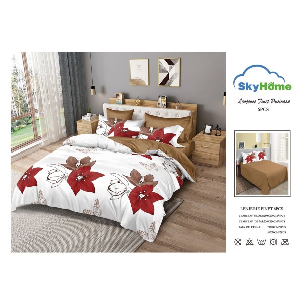 Lenjerie Pat Dublu Finet 6 Piese Maro – Model Floral Roșu pe Fundal Alb, Design Elegant Modern, PAP-PH-076