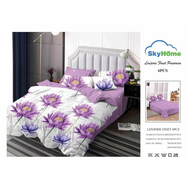 Lenjerie Pat Dublu Finet 6 Piese Mov – Model Flori Lotus Mov pe Fundal Alb, Design Elegant Modern, PH-042