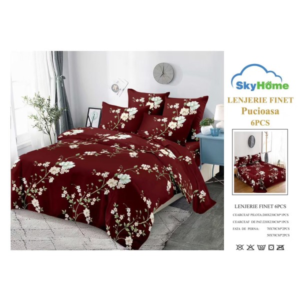 Lenjerie Pat Dublu Finet 6 Piese Bordo – Model Floral Alb Elegant, Design Clasic Romantic, CP-PH-071