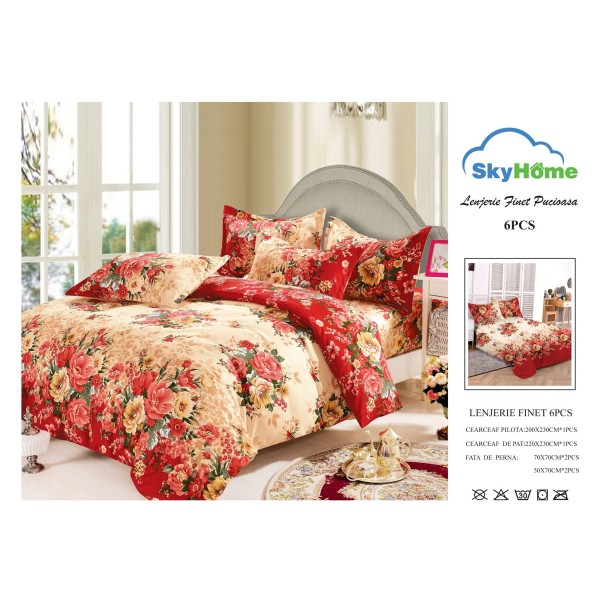 Lenjerie Pat Dublu Finet 6 Piese Roșu-Bej – Model Floral Elegant, Design Clasic Romantic, CP-PH-072