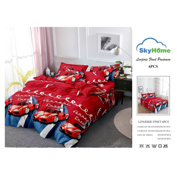 Lenjerie Pat Dublu Finet 6 Piese Roșie – Model Mașini Sport, Design Modern pentru Tineri, PAP-PH-052
