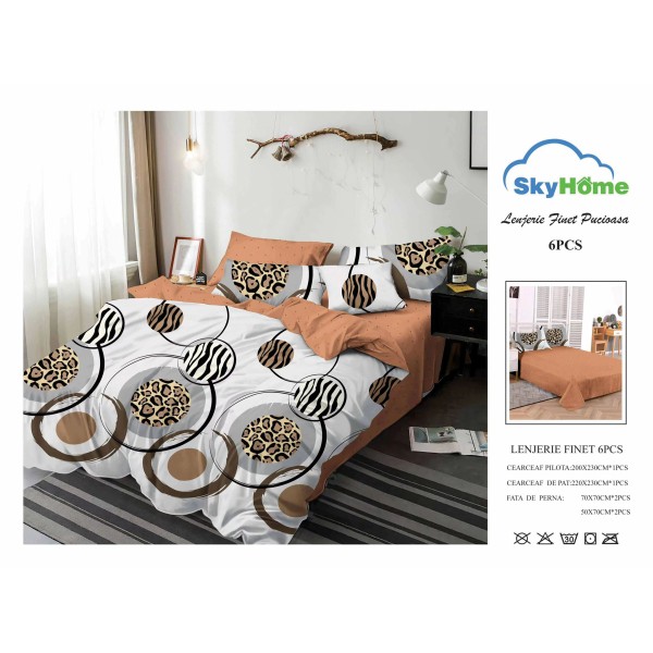 Lenjerie Pat Dublu Finet 6 Piese Maro Cărămiziu – Model Cercuri Moderne cu Imprimeu Animal Print, PAP-PH-080