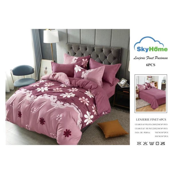 Lenjerie Pat Dublu Finet 6 Piese Roz Pudrat – Model Floral, PAP-PH-077
