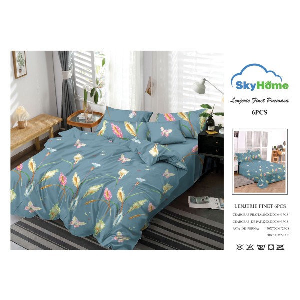Lenjerie Pat Dublu Finet 6 Piese Turcoaz Petrol – Model Pene Multicolore și Fluturi, PAP-PH-079