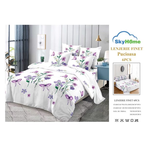 Lenjerie Pat Dublu Finet 6 Piese Albă – Model Floral Mov cu Fluturi, PAP-PH-032