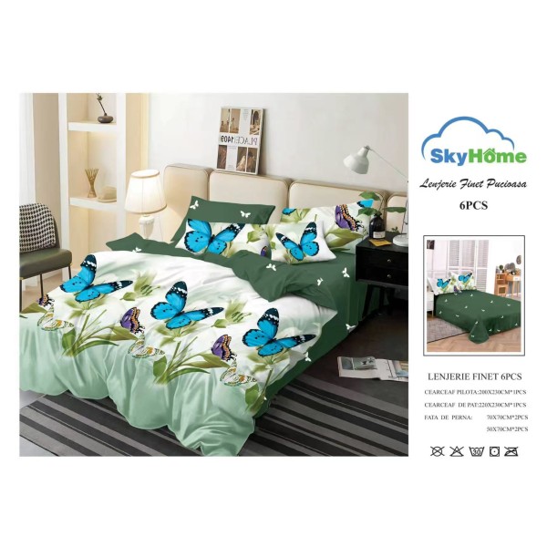 Lenjerie Pat Dublu Finet 6 Piese Verde – Model Fluturi Albaștri și Frunze, PH-044