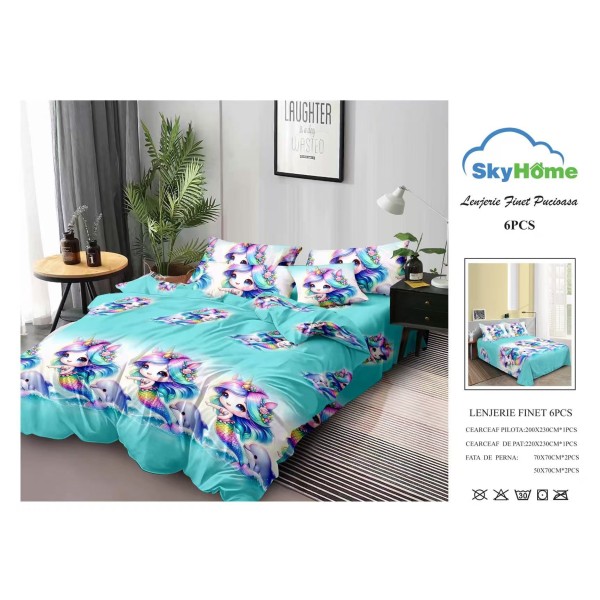 Lenjerie Pat Dublu Finet 6 Piese Turcoaz – Model Sirenă Unicorn și Delfini, CP-PH-069