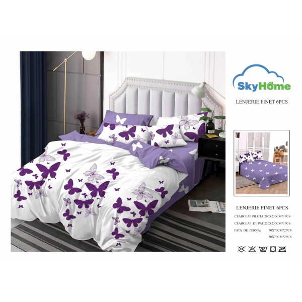 Lenjerie Pat Dublu Finet 6 Piese Alb cu Mov – Model Fluturi Mov Elegant, PH-046
