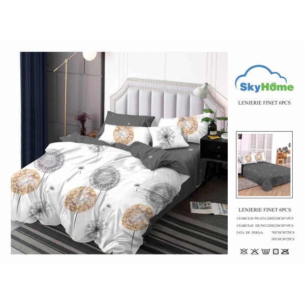 Lenjerie Pat Dublu Finet 6 Piese Alb cu Gri și Auriu – Model Puf de Păpădie Elegant, CP-PH-075