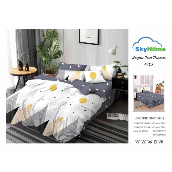 Lenjerie Pat Dublu Finet 6 Piese Gri Antracit cu Alb și Galben – Model Geometric Modern, PAP-PH-058