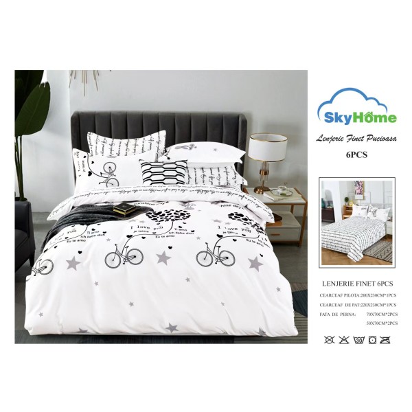 Lenjerie Pat Dublu Finet 6 Piese Alb-Negru cu Mesaje Love și Biciclete, PH-081