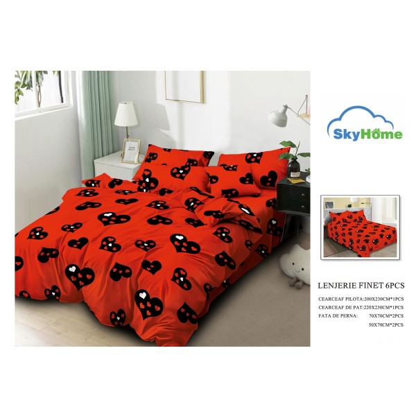 Lenjerie Pat Dublu Finet 6 Piese Roșu Aprins cu Inimi Negre – Model Romantic Modern, CP-PH-063
