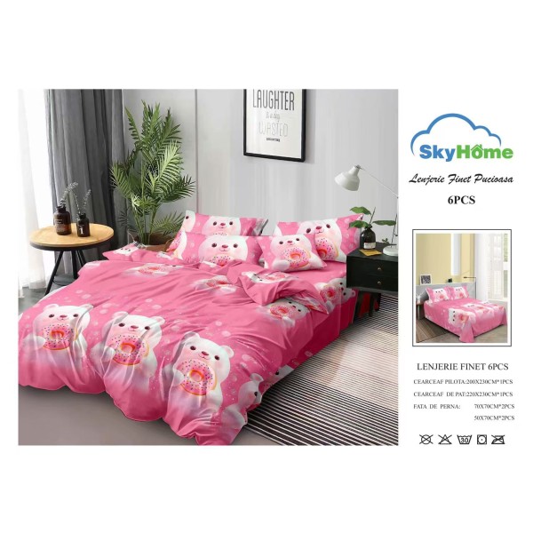 Lenjerie Pat Dublu Finet 6 Piese Roz cu Ursuleți și Gogoși – Model Jucăuș și Delicat, CP-PH-065