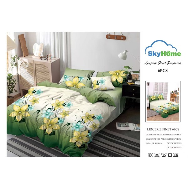 Lenjerie Pat Dublu Finet 6 Piese Verde cu Flori Galbene și Turcoaz – Model Floral Elegant, CP-PH-061