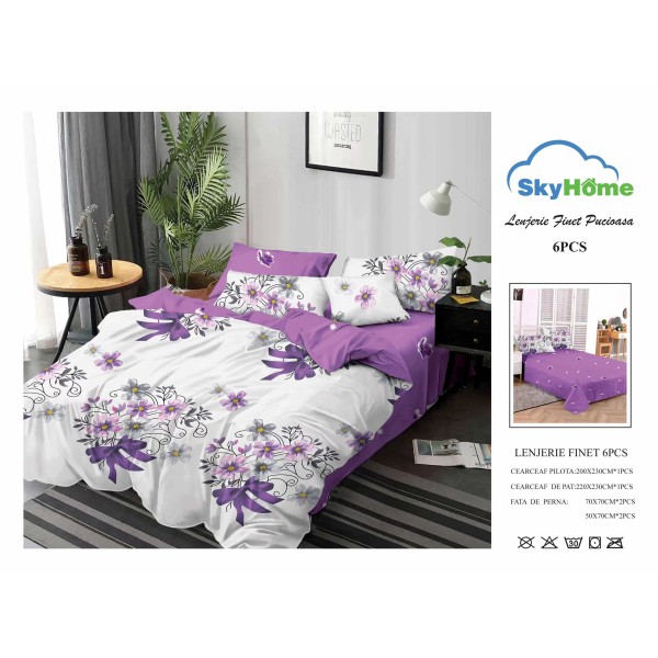 Lenjerie Pat Dublu Finet 6 Piese Mov Lila cu Flori Mov și Gri, CP-PH-064