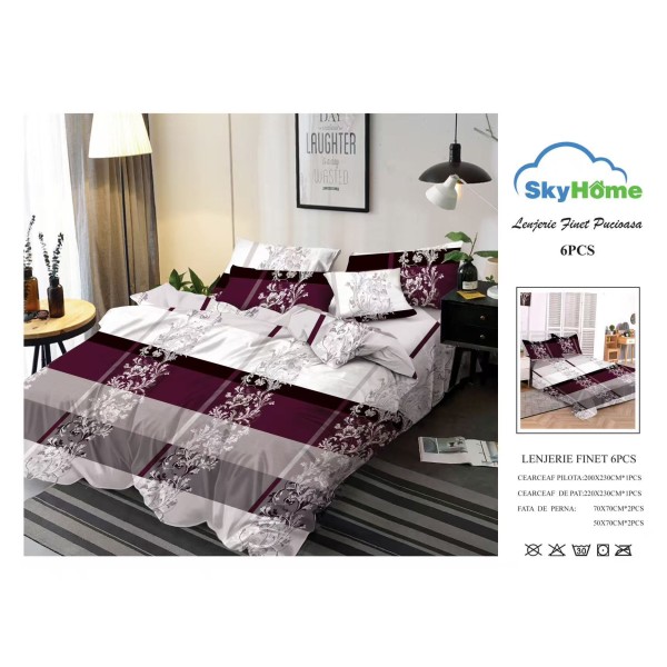 Lenjerie Pat Dublu Finet 6 Piese Bordo și Gri – Model Elegant cu Dungi și Imprimeu Floral, PAP-PH-056