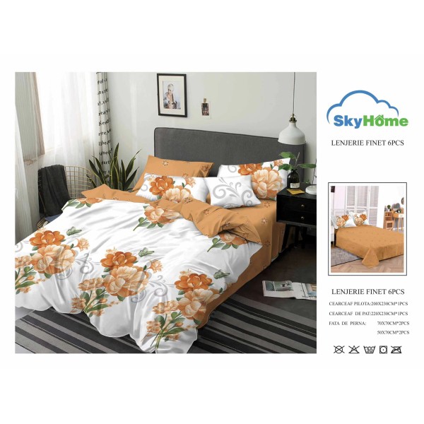 Lenjerie Pat Dublu Finet 6 Piese Alb și Muștar – Model Floral Elegant cu Flori Mari, PH-040