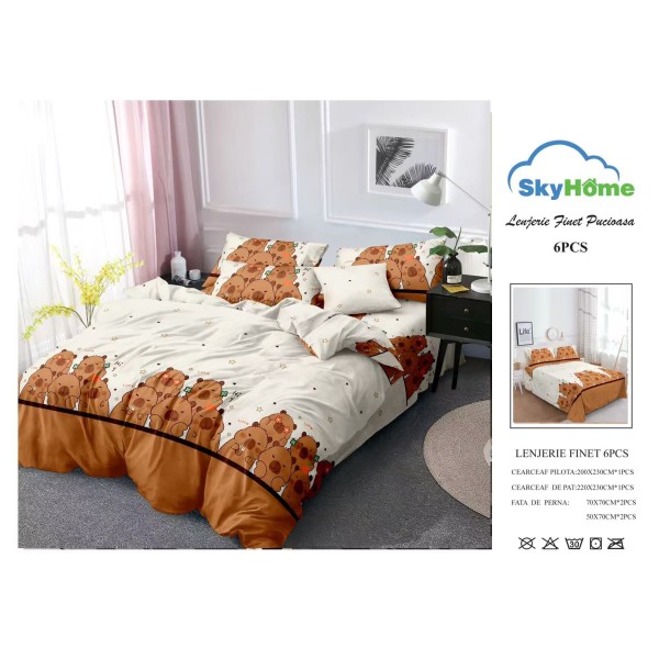 Lenjerie Pat Dublu Finet 6 Piese Crem și Maro Caramel – Model Ursuleți Jucăuși, flori, PH-039