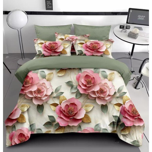 Lenjerie de Pat Dublu 6 Piese 5D cu Cearșaf cu Elastic – Model Flori Roz și Verde Olive, Design Elegant, LFL-068